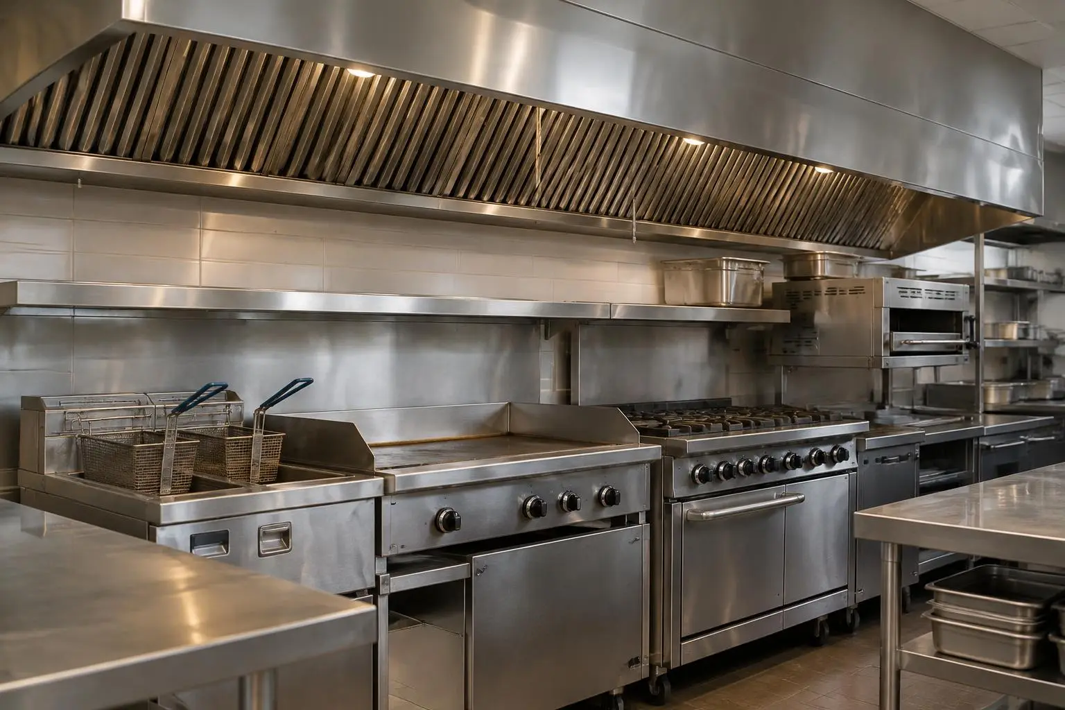 Stainless-steel commercial kitchen hood above a restaurant cooking line