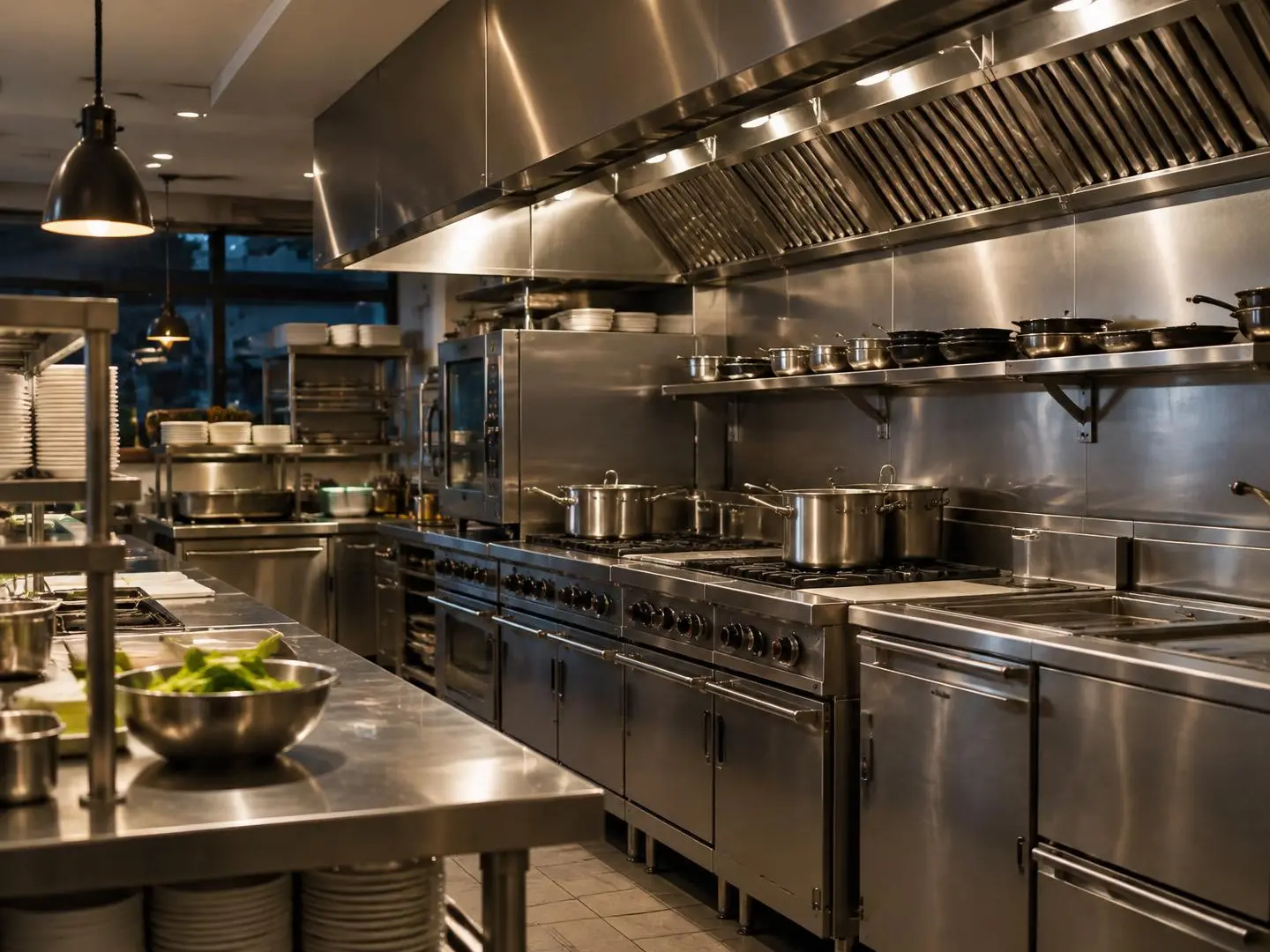 Commercial restaurant kitchen with a stainless-steel exhaust hood